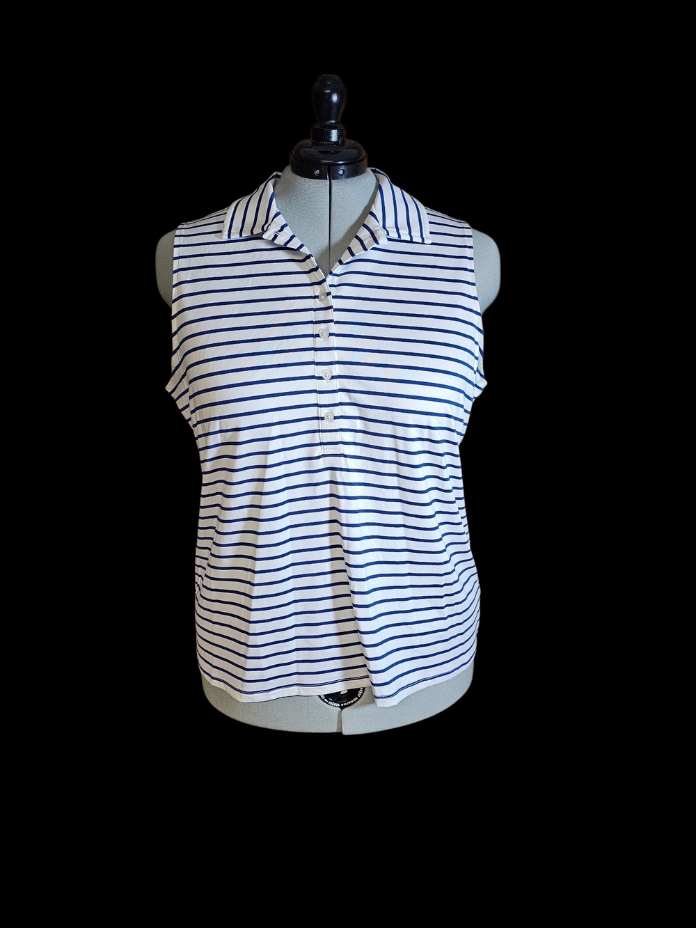 Lands' End White & Navy Striped Sleeveless Polo Tank